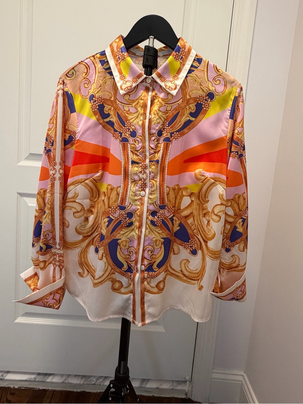 Baroque Print Satin Button-Down Shirt - Pink & Gold Accents